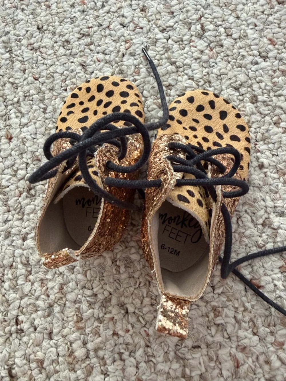 Monkey Feet Gold Glitter and Leopard Print Suede Lace-Up Baby Walker Boots 7c